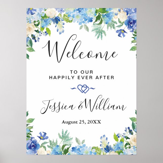 Affiche Blue Hydrangea  Greenery Chic Wedding Welcome (Devant)