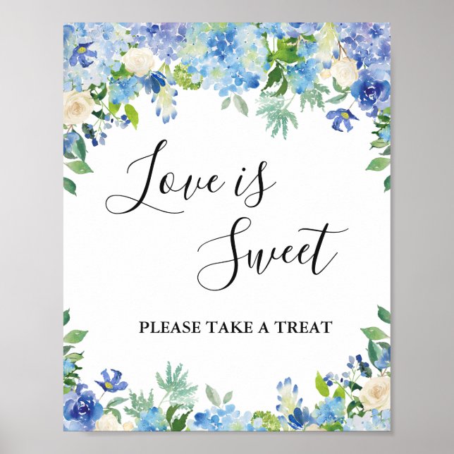 Affiche Blue Hydrangea Greenery Mariage Dessert Bar (Devant)