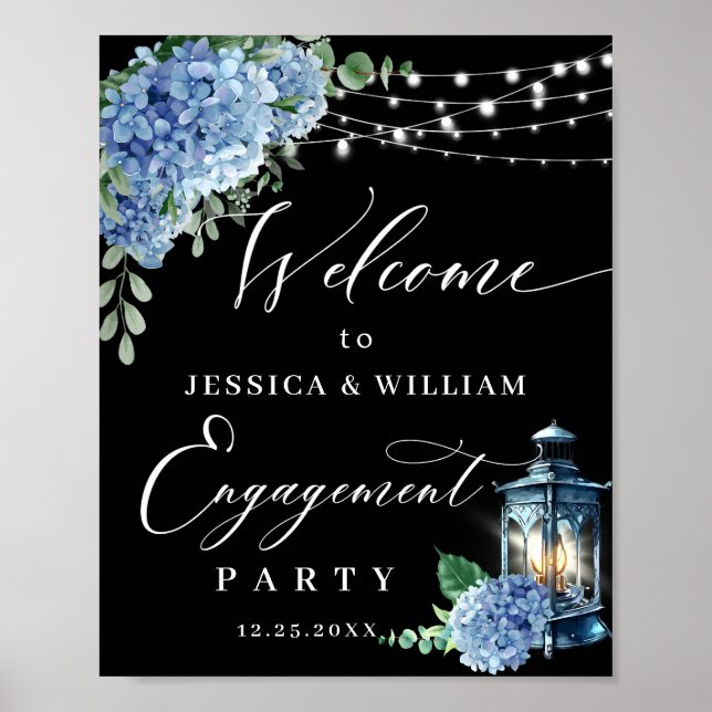 Affiche Blue Hydrangea Lantern Black Boho ENGAGEMENT PARTI (Devant)