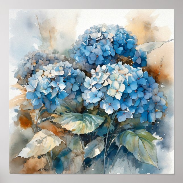 Affiche Blue Hydrangea Watercolor Art Imprimer (Devant)