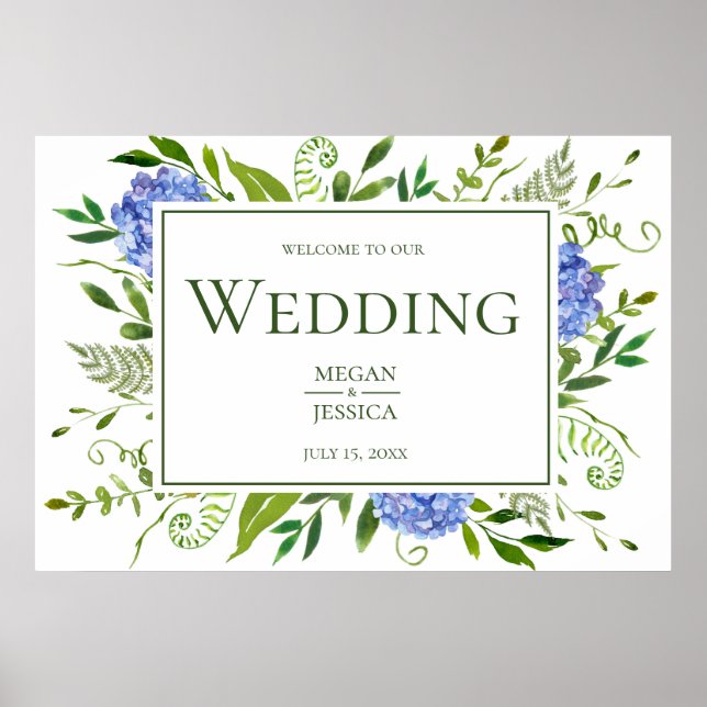 Affiche Blue Hydrangeas Bienvenue à notre panneau Mariage (Devant)