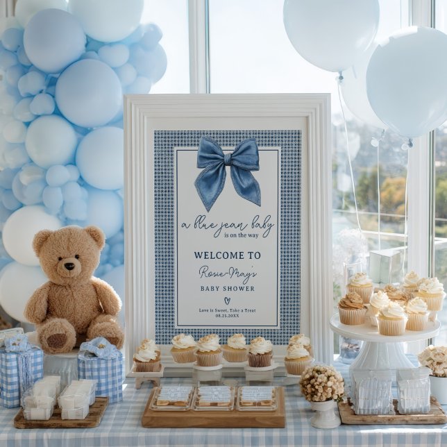 Affiche Blue Jean En vichy Coquette Bow Baby shower Bienve (Blue Jean Gingham Coquette Bow Baby Shower Welcome Poster)