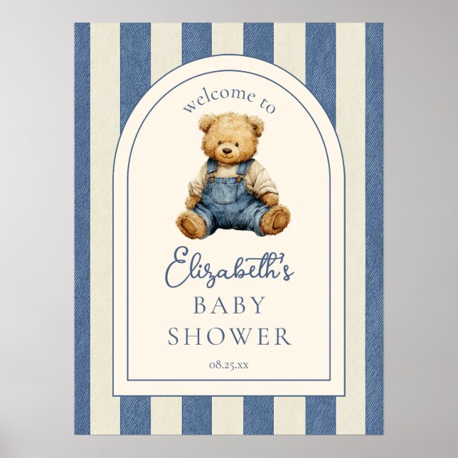Affiche Blue Jean Teddy Bear Baby Shower Welcome Sign (Devant)