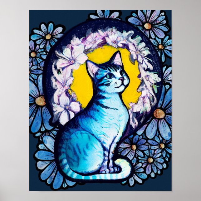 Affiche Blue Kitty Chat Halo Mucha Style Floral (Devant)