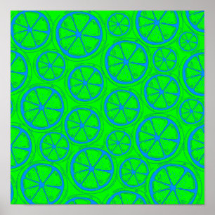 Affiche Blue Lime Lemon Pattern with Neon Green Background