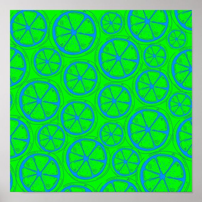 Affiche Blue Lime Lemon Pattern with Neon Green Background (Devant)