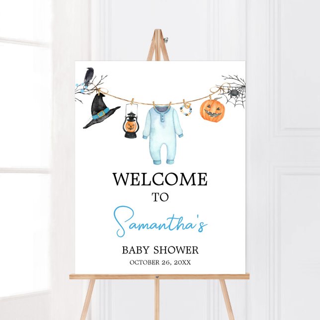 Affiche Blue Little Boo Halloween Baby Shower Welcome (Halloween Baby Clothes Baby Shower Welcome Sign)