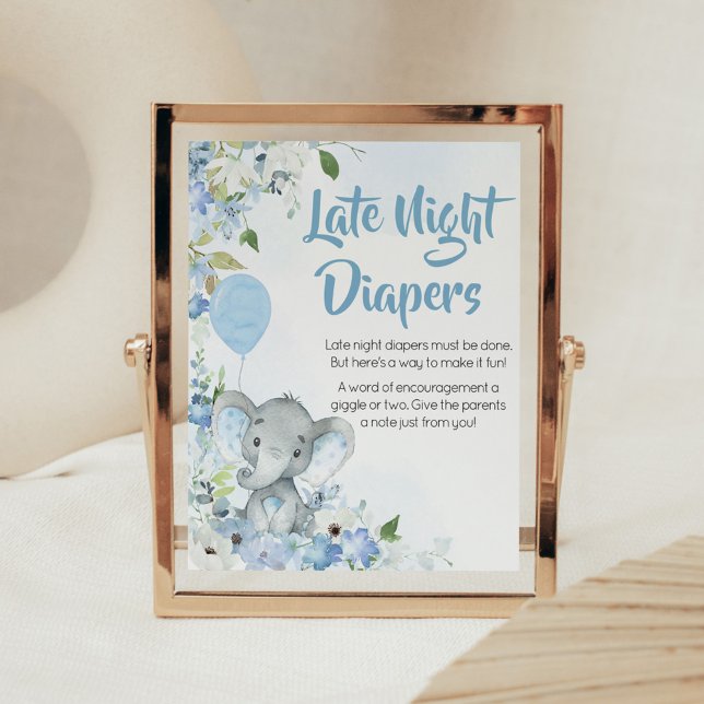 Affiche Blue Little Peanut Elephant Late Night Diapés (Blue Elephant Little Peanut Baby Shower Late Night Diapers Sign)