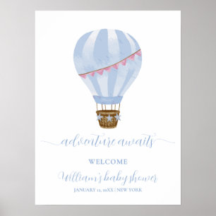 Affiche Blue Minimal Hot Air Balloon Baby shower Bienvenue
