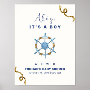 Affiche Blue Modern Ahoy Nautical Boy Baby shower Bienvenu