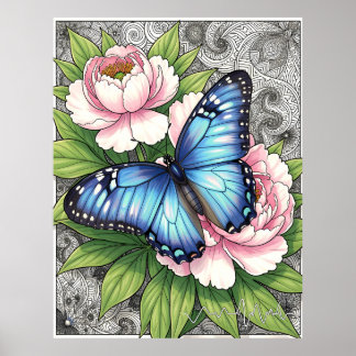 Affiche  Blue Morpho Butterfly Floral Botanical Art 