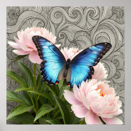 Affiche Blue Morpho Butterfly Floral Botanical Art  Poste