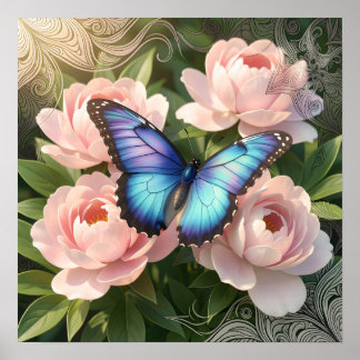 Affiche Blue Morpho Butterfly Floral Botanical Art  Poste