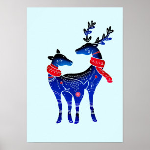 Affiche Blue Nordic Christmas Reindeer Pair