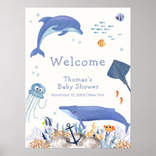 Affiche Blue Ocean Dolphin Whale Boy Baby shower Bienvenue
