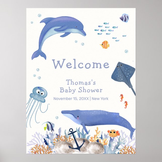 Affiche Blue Ocean Dolphin Whale Boy Baby shower Bienvenue (Devant)