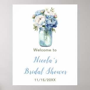 Affiche Blue Peonies Mason Jar Fête des mariées Bienvenue