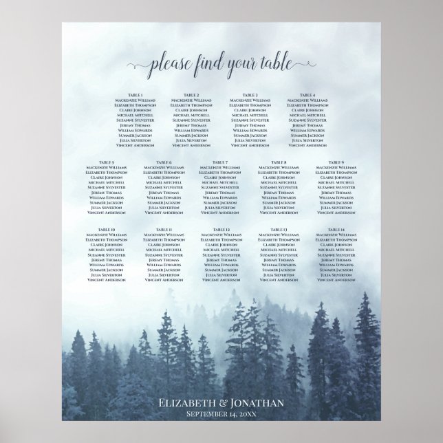Affiche Blue Pine Trees 14 Table Wedding Seating Chart (Devant)