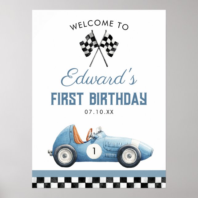 Affiche Blue Race Car 1st Birthday Welcome Sign (Devant)