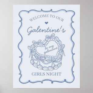 Affiche Blue Retro Coquette Coeur gâteau Galentines Bienve