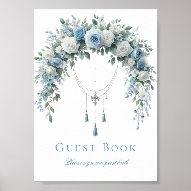 Affiche Blue Rose & Silver Cross Baptism Guest Book Sign (Devant)