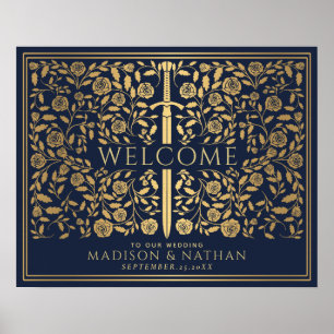 Affiche Blue Royal Medieval Gold Sword Wedding Welcome 