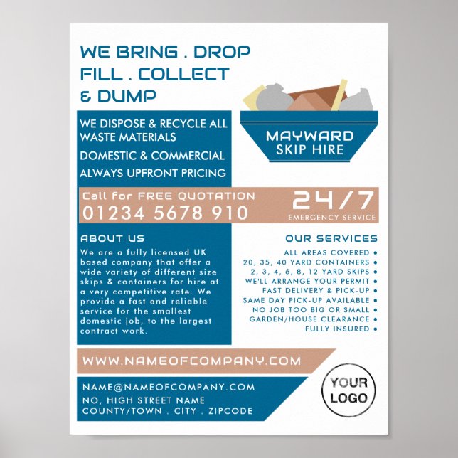 Affiche Blue Rubbish Skip Design, Skip/Dumster Company (Devant)