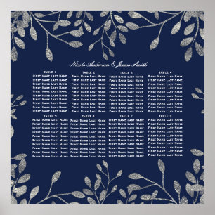 Affiche Blue Silver Botanical Floral Leaves Seating Chart