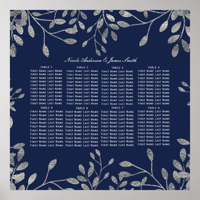 Affiche Blue Silver Botanical Floral Leaves Seating Chart (Devant)