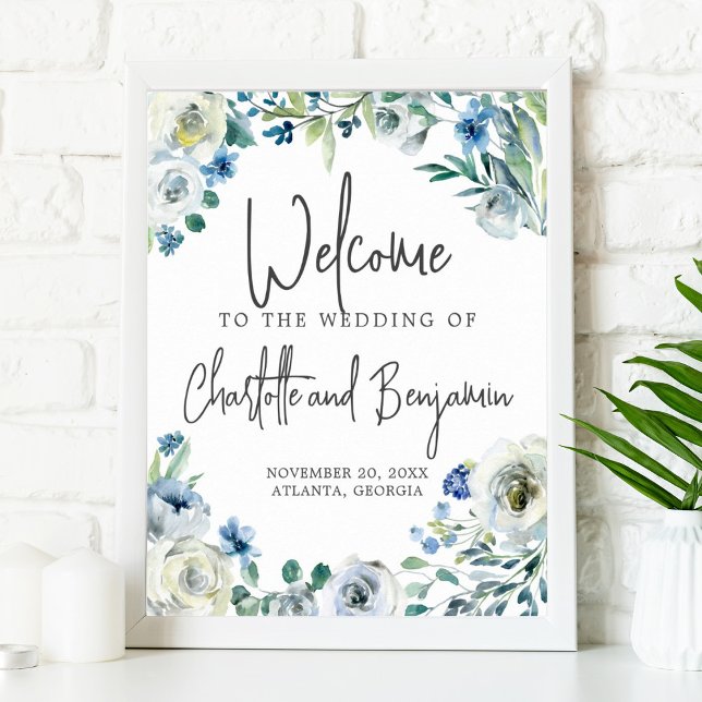 Affiche Blue Spring Floral Chic Bienvenue à notre Mariage (Créateur téléchargé)