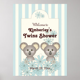 Affiche Blue Stripe Baby Koala Twin Kids Party Bienvenue