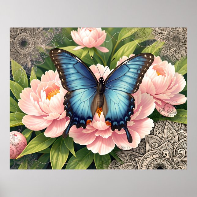 Affiche Blue Swallowtail Butterfly Floral Botanical Art (Devant)