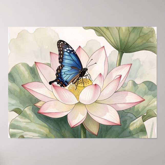 Affiche  Blue Swallowtail Butterfly With Lotus Flower Art (Devant)