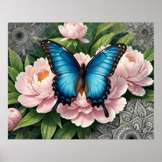 Affiche Blue Swallowtail Butterfly With Peonies Floral Art
