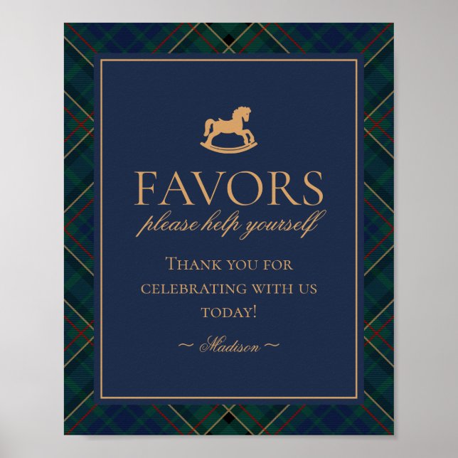 Affiche Blue Tartan Plaid Rocking Horse Favors Sign (Devant)