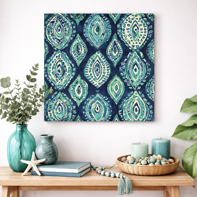 Affiche Blue Teal Boho Ikat Medallion Pattern Modern Coast (Blue and green abstract wall art)