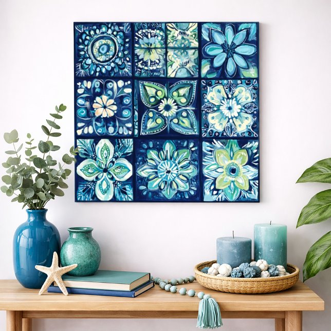 Affiche Blue Teal Floral Tile Mandala Watercolor Wall Art (Blue Teal Floral Tile Mandala Watercolor Wall Art)