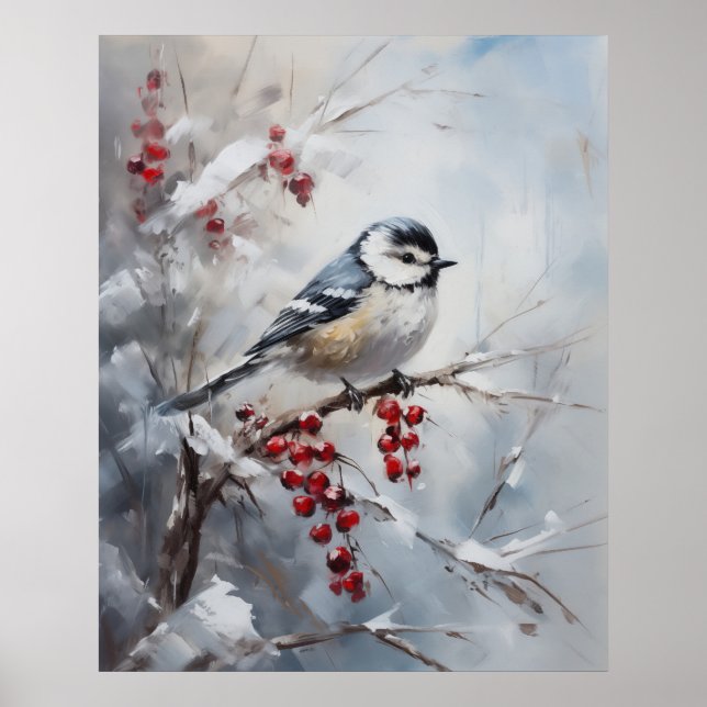 Affiche Blue Tit Bird on Snowy Berries Winter Art (Devant)