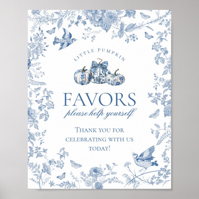 Affiche Blue Toile Pumpkin French Fall Floral Favors Sign (Devant)