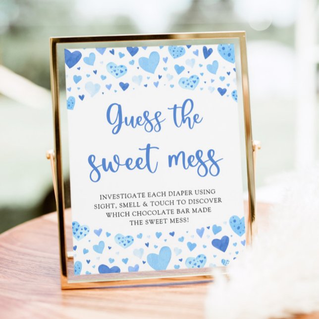 Affiche Blue Valentine Guess the Sweet Mess Baby Game (Watercolor Cute Blue Hearts Valentine Sweetheart Boy  Guess the Sweet Mess Baby Shower Game Sign)