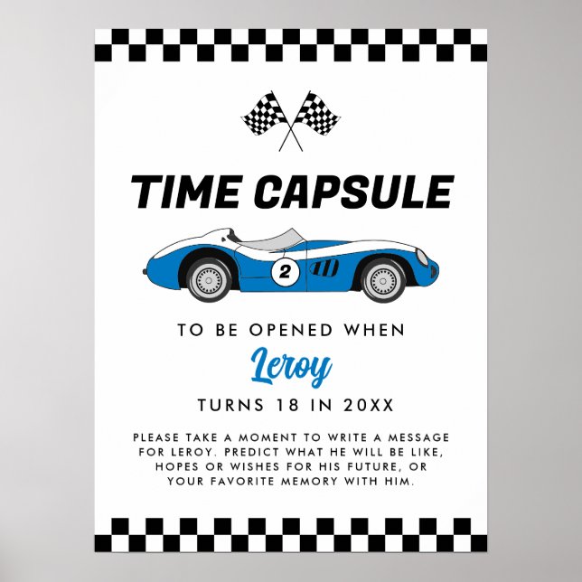 Affiche Blue Vintage Race Car Anniversaire Heure Capsule (Devant)