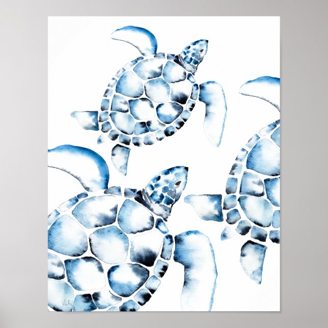 Affiche Blue Watercolor Sea Turtle Beach (Devant)