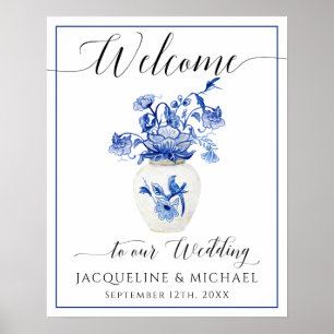 Affiche Blue White Bird Floral China Vase Welcome Wedding