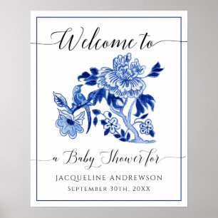 Affiche Blue White Chinoiserie Floral Baby shower d'accuei