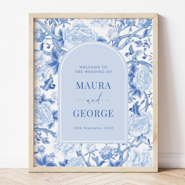 Affiche Blue White Chinoiserie Peony Bird Mariage Bienvenu (Créateur téléchargé)