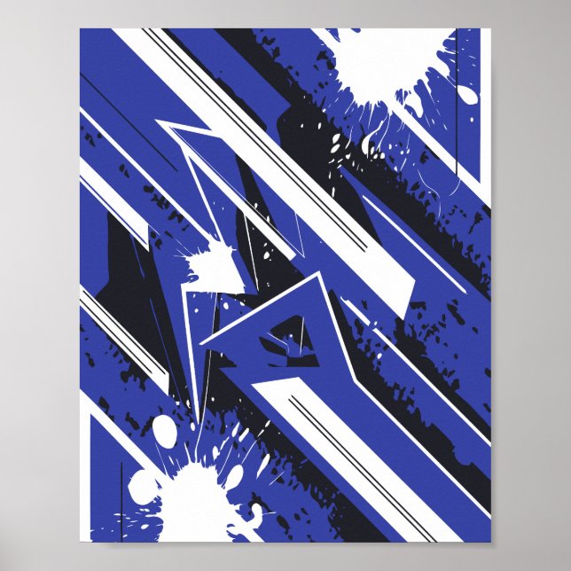 Affiche Blue & White Diagonal Stripes with Paint Splashes (Devant)