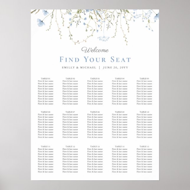 Affiche Blue Wildflower Periwinkle Wedding Seating Chart (Devant)