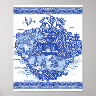 Affiche Blue Willow Rabbit Island Whimsical Oriental Art