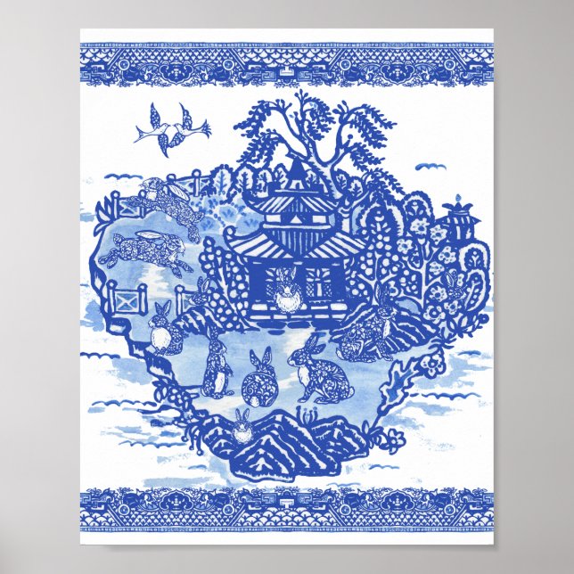 Affiche Blue Willow Rabbit Island Whimsical Oriental Art (Devant)