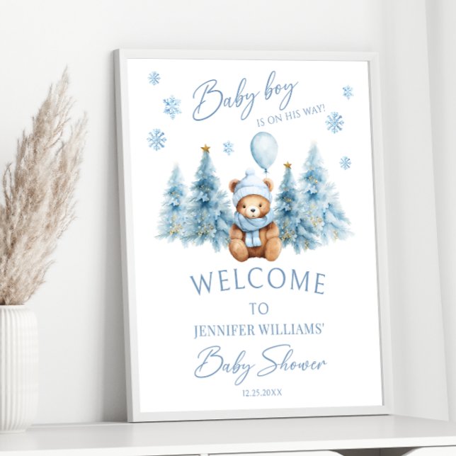 Affiche Blue Winter Teddy Ours Pine Arbres bébé Garçon Dou (Créateur téléchargé)